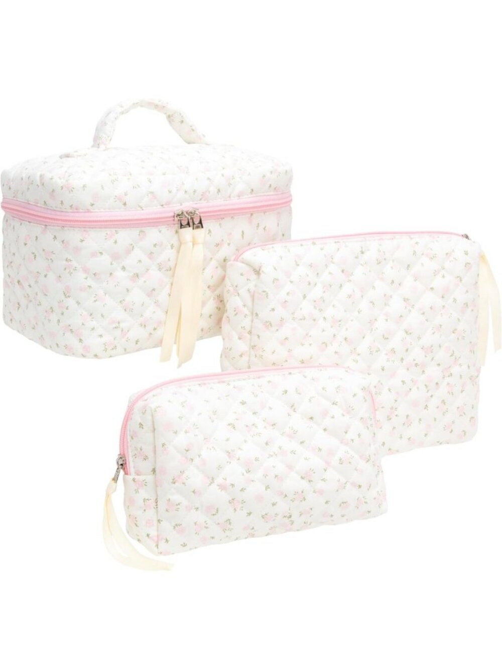 3-Piece Floral Pink Quilted Makeup Bag Set for Women | Cosmetic & Toiletry